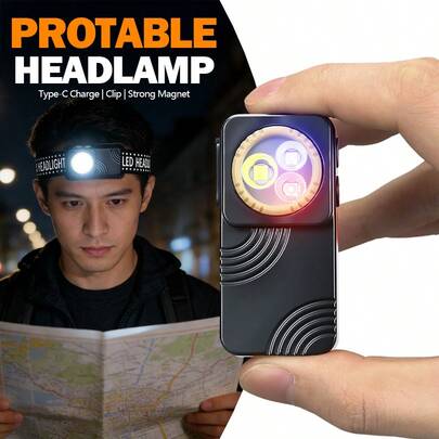 1 pieza Mini luz de trabajo LED magnética de alto brillo con diseño de bolsillo, fuente de luz múltiple con tipo de destello rojo/azul, recargable por USB-C para uso con las manos libres