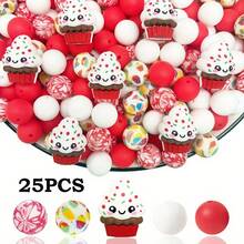 25/28颗粉色冰淇淋、蝴蝶结、爱心硅胶珠套装，搭配彩色爱心和甜甜圈图案圆珠，适合制作首饰、耳环、项链、包包、笔、手机链、化妆刷等DIY饰品，是返校季、节日、生日礼物的理想之选。