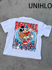 Disney UNIHLO  Street Life Men's Casual Loose  Mickey  Cartoon  Print Short Sleeve T-ShirtSummer - 白色 - 查看 4