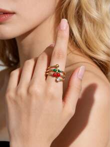 Mazuer 1 Peça Anel de Aço Inoxidável Banhado a Ouro 18K com Design Elegante de Cereja Multicamadas e Cristais, Presente de Joias para Mulheres, Adequado para Encontros e Uso Diário - Cereja 1243 - Visão 1