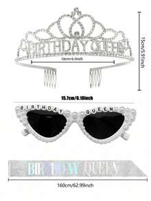 6/3/1pcs Set - Girl's Birthday Sash, Girl's Birthday Crown, Girl's Birthday Ribbon, Girl's Birthday Headband, Girl's Birthday Hairband, Girl's Birthday Glasses, Birthday Queen Fashion Glasses, Birthday Party Favors, Shiny & Fashionable, Birthday Party Supplies - Multicolor - View 6