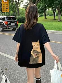 新款夏季 Z 世代 Y2K 风格女式趣味猫咪印花圆领短袖 T 恤 休闲黑色 - 黑色 - 查看 6