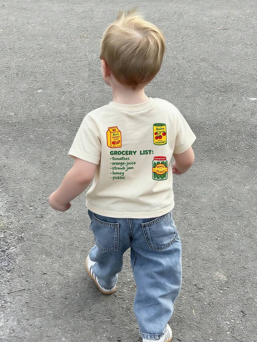 1pc Infant/Toddler Boys' Creative Cartoon Graphic Letter Slogan Print Basic Crew Neck Short Sleeve T-Shirt, Casual & Fashionable - Apricot - View 1