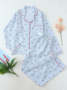 2pcs Plaid Cherry Print Pajama Set, Sweet & Cute Lapel Button Long Sleeve Top And Pants, Suitable For Women Home Wear, Autumn/Winter - Blue - View 1