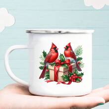 1个复古圣诞红雀珐琅马克杯 - 12盎司，饰有红雀、冬青树和礼物图案，经久耐用，适合咖啡/茶，居家、露营、野餐、旅行使用。 - 白色 - 查看 6