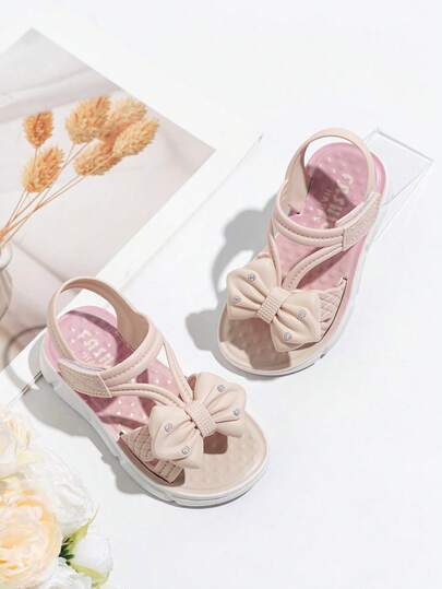 1 Pair Girls' Soft Sole Non-Slip Casual Fashion Bow Rhinestone Sandals, Hook And Loop Flat Open Toe Cute Beach Shoes, Suitable For Summer