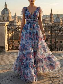 蓝色多色深V领无袖系带A字型花卉网纱荷叶边下摆婚礼派对晚礼服 - 查看 1