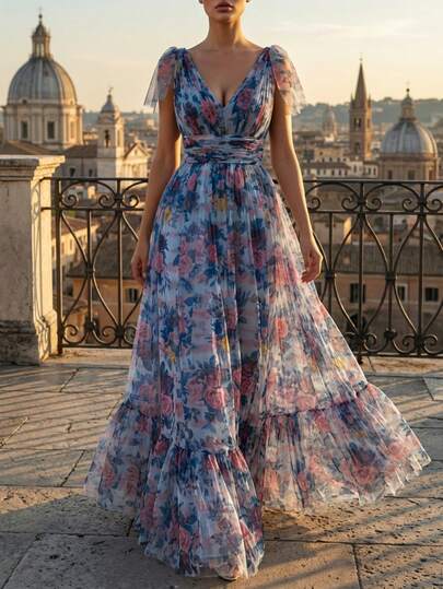 蓝色多色深V领无袖系带A字型花卉网纱荷叶边下摆婚礼派对晚礼服