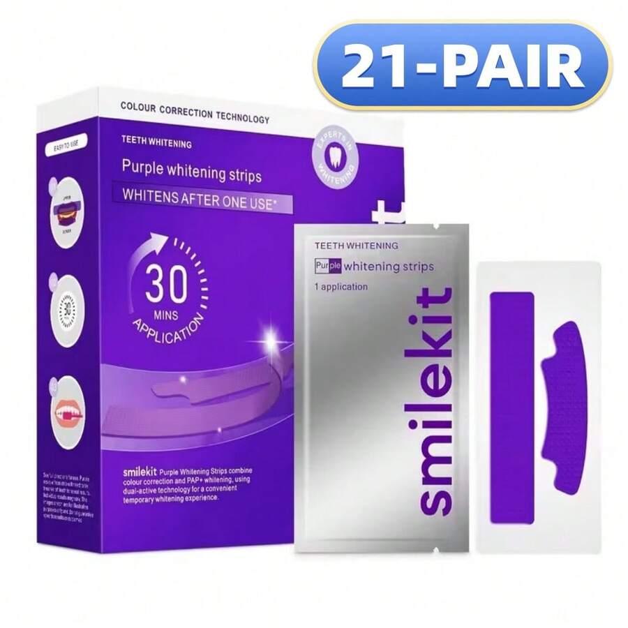 21pcs/7pairs Purple Teeth Whitening Strips, Deep Cleaning, Oral Care, Teeth Whitening Strips, Fresh Breath, Suitable For Travel And Home Use, Large Size, Exclusive Design - Purple Teeth Whitening Strips - 21 Pairs - View 1