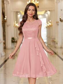 MIUSOL Floral Lace Corset With Ruffle Hem Cocktail Dress - Pink - View 2