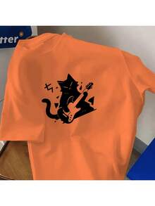 Men's Cotton T-Shirt With Printed Design Of A Kitten, Music, Guitar, Instrument, And Cute Animals. Streetwear, Skater Style, Casual, Basic. - 橘色 - 查看 1