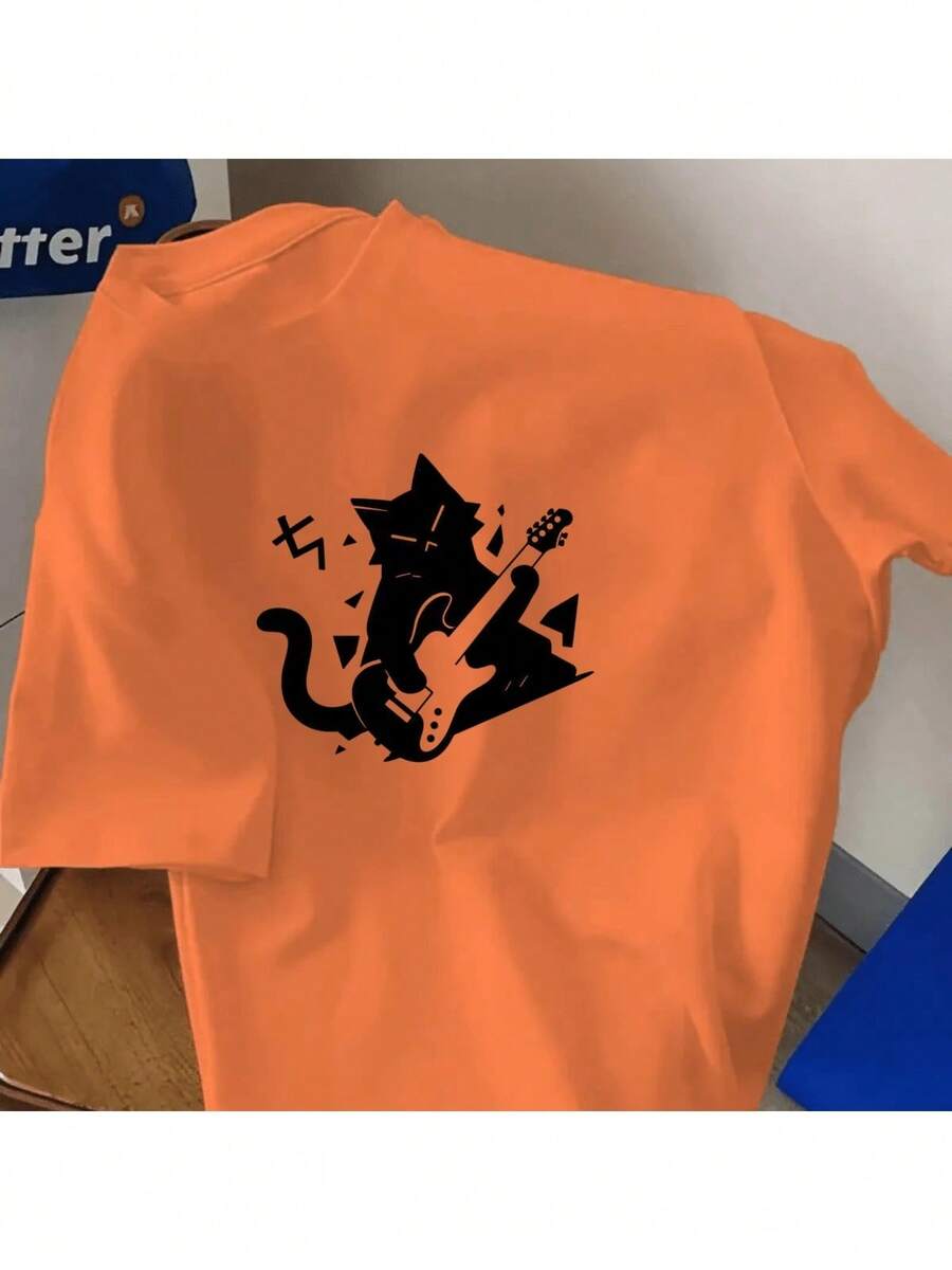 Men's Cotton T-Shirt With Printed Design Of A Kitten, Music, Guitar, Instrument, And Cute Animals. Streetwear, Skater Style, Casual, Basic. - 橘色 - 查看 1