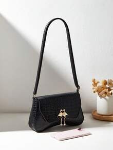 1pc Fashion Crocodile Embossed Women's Shoulder Bag With Swan Decor, Dual-Sided Thick & Comfortable Lightweight Handle, Versatile For Outings, Parties, Gatherings - Black - View 3