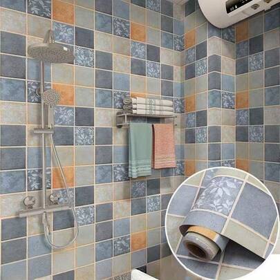 1卷蓝色格子PVC自粘墙纸/防油/防水/耐热/适用于厨房橱柜/耐擦洗/家居装饰/浴室配件/房间装饰/客厅装饰墙纸/厨房防溅板/橱柜衬里 15.74X118.11英寸