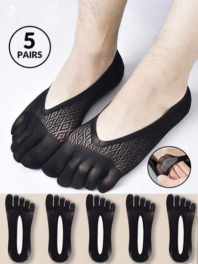 5双男士黑色分趾袜，网眼镂空设计，轻便简约，适合日常休闲和运动场合。