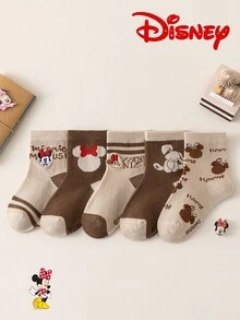 Disney 1/5 Pairs Mouse Embroidered Kids Crew Socks, Cute Beige & Brown Cartoon Spring Fall Socks For Girls - Multicolor - View 3