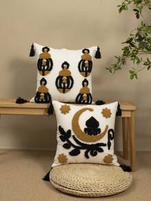 1pc/2pcs Set Moon Pattern Embroidered Cushion Cover, Middle Eastern Festival Atmosphere Plush Tassel Cushion Cover, Bohemian Style Home Living Room Bedroom Sofa Decorative Pillow Case, Suitable For Eid Festival Gifts, Daily Casual Patio Headboard Pillow Sham, All Season, Without Insert, 45*45cm - Multicolor - View 15