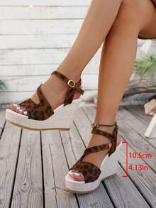 女士休闲百搭鞋，厚底坡跟鞋，新款设计，柔软百搭，尖头，舒适，绑带装饰，搭扣，适合通勤和日常穿着 - 豹紋 - 查看 7