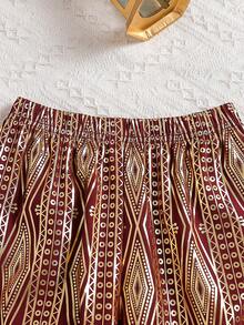 2pcs/Set Girls Sleeveless Ruffle Hem Top & Pants Set, Casual Gold Foil Pattern, Summer - Burgundy - View 8