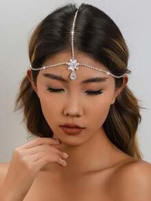 1件优雅奢华白色水滴吊坠头饰，时尚新娘头饰配饰水晶头链 - 銀色 - 查看 1