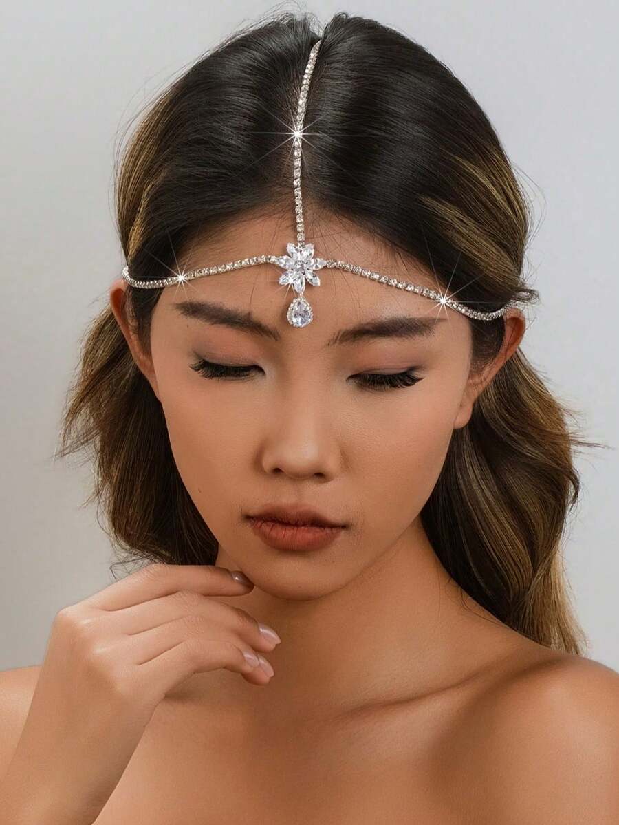 1件优雅奢华白色水滴吊坠头饰，时尚新娘头饰配饰水晶头链 - 銀色 - 查看 1