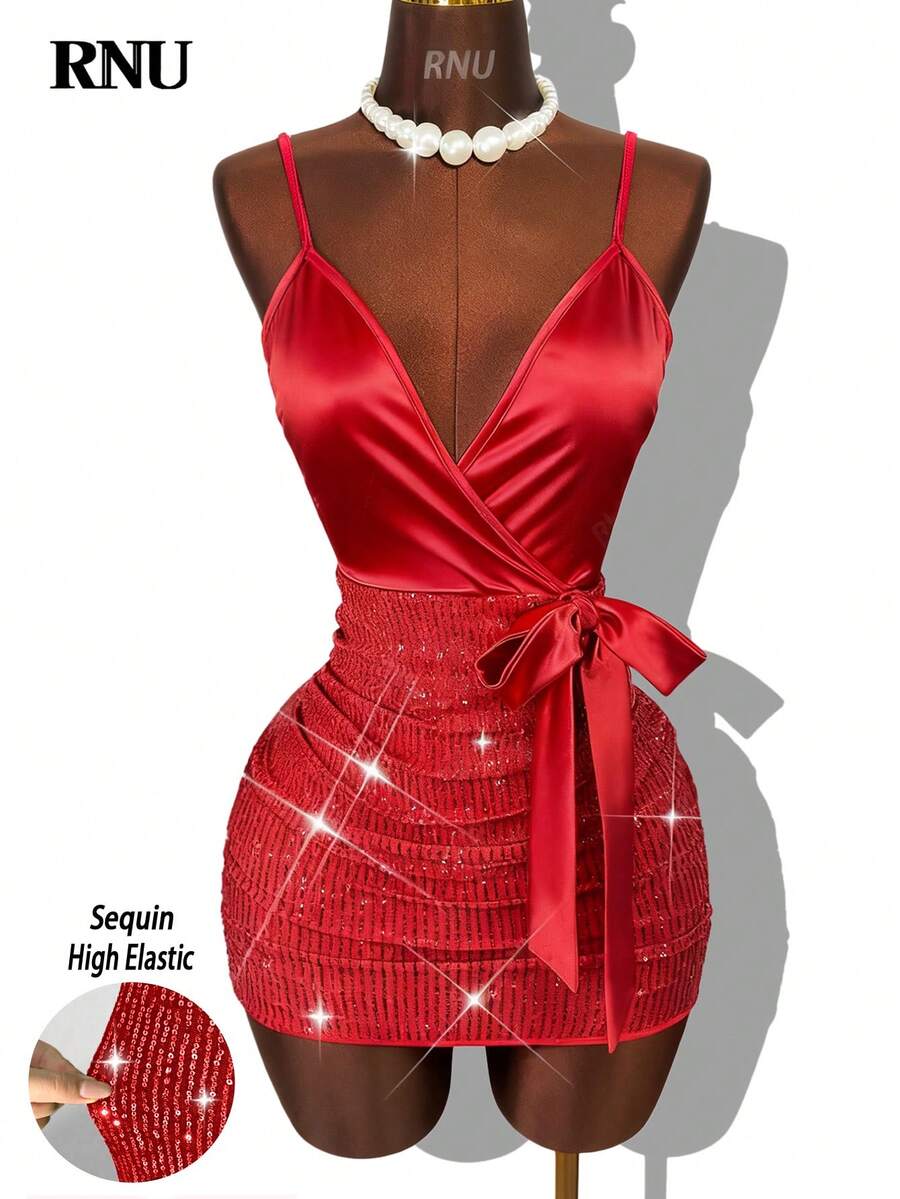RNU 女士优雅V领亮片缎面拼接蝴蝶结扭结前襟修身连衣裙，适合约会、夜店、街头、情人节、新年、生日、狂欢节派对、春夏秋季、婚礼宾客/节日派对迷你连衣裙/吊带裙 - 紅色 - 查看 1