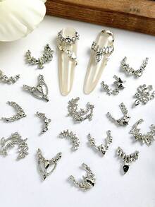 20Pcs Random Mixed Alloy French Nail Drill Silver Rhinestone Nail Charms 3D Flat-Bottomed Diamond French Style Nail Art Accessories DIY Nails - Silver - View 5