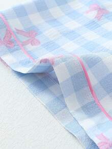 两件套蓝白格子蝴蝶结印花睡衣套装，甜美可爱翻领纽扣上衣和蝴蝶结短裤，女士睡衣家居服 - 藍色 - 查看 7