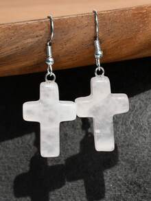 Natural Stone Cross Earrings, Vintage Personalized Design Turquoise & Amethyst & Rhodochrosite Pendant Earrings - Multicolor - View 12