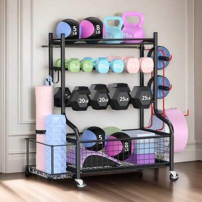 Soporte para barra, soporte de pesas para gimnasio en casa, soporte de almacenamiento para colchonetas de yoga, pesas rusas y equipos de entrenamiento de fuerza, soporte de almacenamiento de pesas para barras con ruedas, organizador de almacenamiento de equipos deportivos de garaje, soporte para pelotas para grupos de juego, gimnasios y escuelas