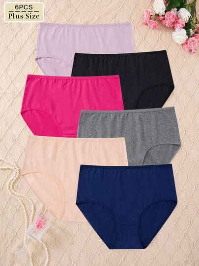6pcs Plus Size Solid Color Cotton Elegant & Comfortable High Waist Briefs
