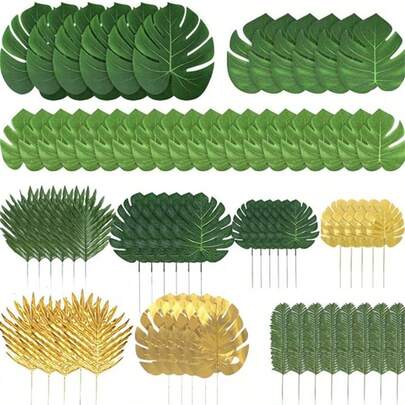 54/30/12pcs 9 Types Artificial Tropical Palm Leaves, Monstera Leaves, Jungle Leaves With Stems, Suitable For Hawaiian, Luau, Beach, Tabletop, Wedding, Party, Birthday, Graduation Decor; Fake Ficus Leaves, Artificial Greenery For Home, Garden, Office, Balcony Decor, Thanksgiving Decoration