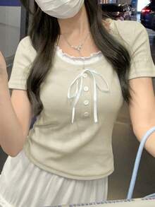新款修身對比色 2 合 1 甜美短袖 T-shirt 上衣 休閒夏季款 - 杏色 - 查看 9