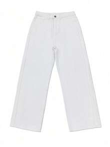 Solid Color Slant Pocket Casual Versatile Straight Leg Jeans - White - View 6