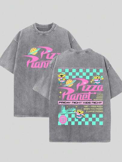  [Disney Official Authorization] Cosmic Pizza Party Double-Sided Printed Men's T-Shirt, Soft And Retro, Versatile Style, 100% Washed Cotton T, Heavy 230g.