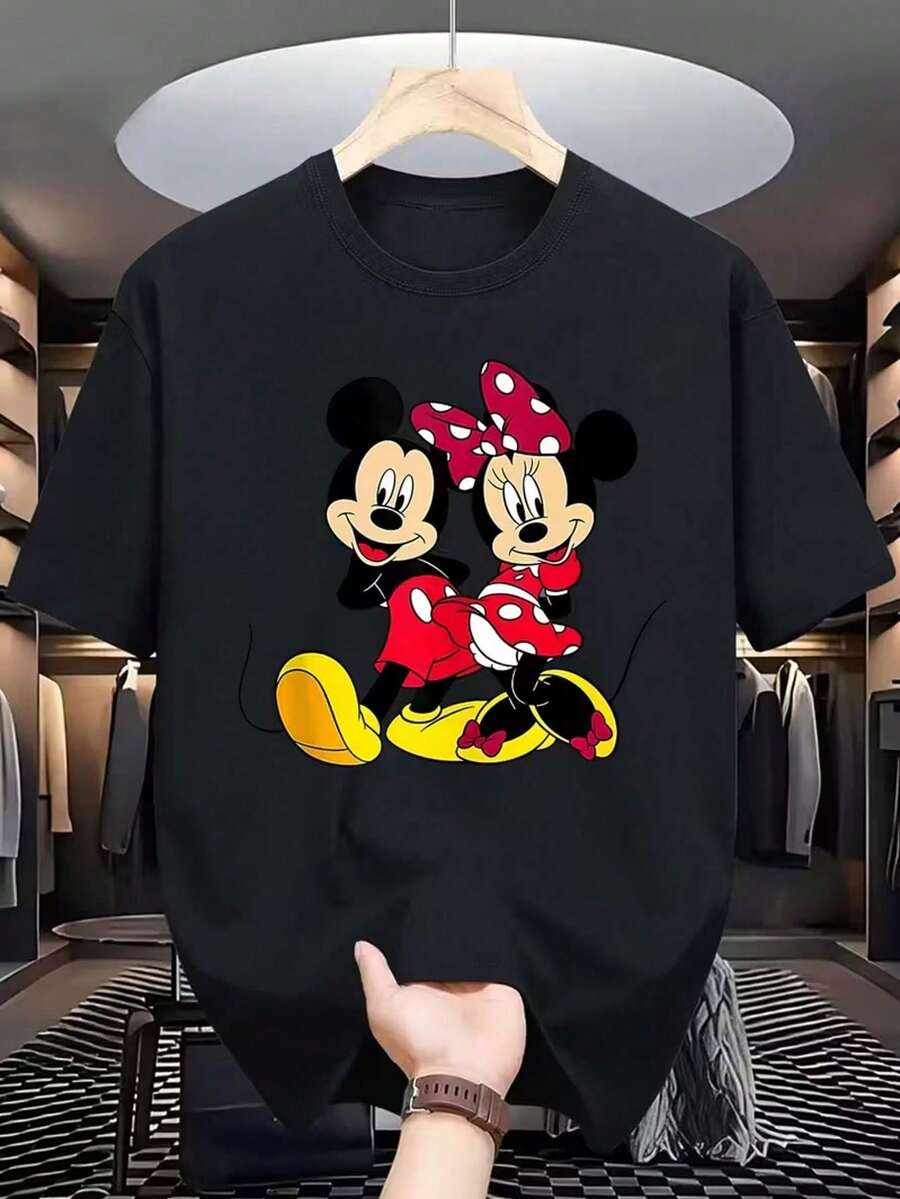 Black, Bright, Fashionable, Casual Cotton, Simple And Fashionable Disney Comfortable Sports Printing, Easy Pattern Gift, Casual Knitting, Cool Top, Favorite Fashion, Youth Sleeve T-Shirt, Elegant And Unique Male Printing, Bright And Comfortable. - 黑色 - 查看 1