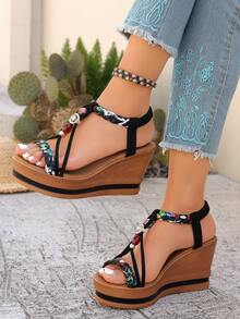 Sandal Wedges Elastis Terbaru Musim Panas 2022, Sandal Platform Bohemian Hak Tinggi Serbaguna yang Cocok Dipadukan dengan Gaun - Hitam - View 6