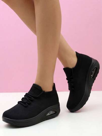 Women's Black Air Cushion Slip-On Lightweight Shock-Absorbing Casual Knit Sneakers, Suitable For Sports, Dancing, Nursing