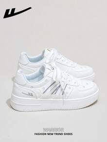 1双 WARRIOR 女士厚底系带软底休闲鞋，低帮户外平底鞋，圆头优雅软底徒步鞋，适合学生、毕业照、平底鞋、低帮皮面运动滑板鞋 - 白/灰 - 查看 4