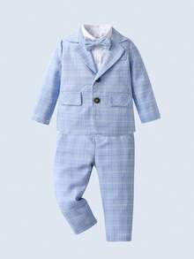 BOARNSEORL 三件套男童绅士套装：白色衬衫配领结、西装外套和西裤，时尚百搭，适合生日派对、周岁生日、婚礼、宴会等场合。 - 淺藍色 - 查看 7