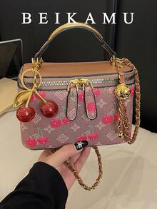 1pc BEIKAMU Small Design Handbag Box Type Bag, Fashionable Lipstick & Coin Purse, Elegant Chain Shoulder Crossbody Bag (Comes With Cherry Pendant) - Brown - View 4