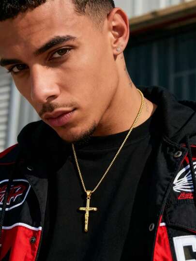 1 pieza Collar con colgante de cruz de Jesús de acero inoxidable chapado en oro de 18K, estilo minimalista vintage, con patrón de Jesús tallado en 3D, joyería cristiana unisex, adecuado para uso diario y regalos festivos, exquisita joyería para hombres