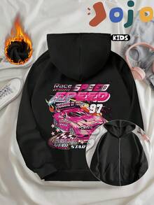 Featuring A Vibrant Pink Racing Car Pattern And Letter Print, This Creative, Casual, Minimalist Cotton-Lined, Drop-Shoulder, Comfortable, And Versatile Children's Jacket Is A Preppy Style Children's Hooded Sweatshirt With Pockets And A Zip-Up Design. - Black - View 1