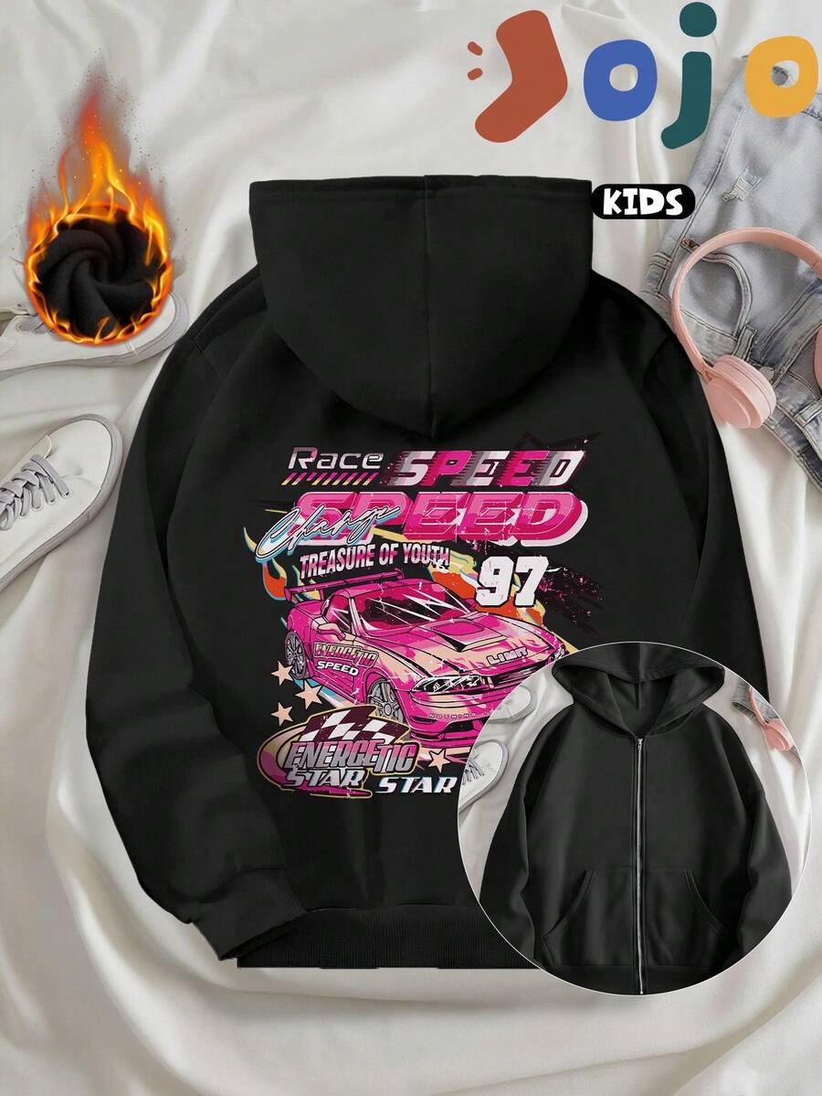 Featuring A Vibrant Pink Racing Car Pattern And Letter Print, This Creative, Casual, Minimalist Cotton-Lined, Drop-Shoulder, Comfortable, And Versatile Children's Jacket Is A Preppy Style Children's Hooded Sweatshirt With Pockets And A Zip-Up Design. - Black - View 1