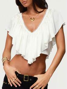 Women Y2K Ruffled V Neck Crop Top Frill Trim Tie Back Summer Going Out Top Vintage Boho Blouse Shirt Streetwear - 白色 - 查看 1