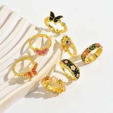 Bộ 7 chiếc nhẫn hình bướm và hoa nhiều màu sắc cổ điển, thiết kế độc đáo, món quà lý tưởng cho ngày Valentine, bạn bè, các bữa tiệc, hoặc đeo hàng ngày. - Vàng - Xem 7