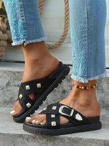 Women's Casual Slip-On Beach Slippers For Daily Wear - Black - View 4