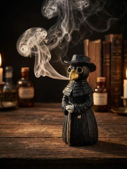 1pc Plague Doctor Incense Burner, Mysterious Smoke Gothic Style Home Decor, Unique Vintage Occult Decor With Golden Beak Mask And Wooden Staff, Retro Magical Atmosphere For Altars And Room Decoration, Halloween Gothic Incense Burner, Mysterious Gift, Steampunk Witchcraft Decor, Meditation Ritual Smoke Sculpture, Dark Academia Aesthetic, Apothecary Style Mysterious Smoke Accessory