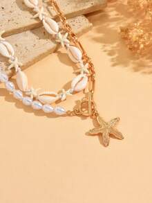 2pcs/Set Handmade Bohemian Style Starfish & Shell Braided Rope Necklace, Unique Design Starfish Pendant With Faux Pearl & Golden Clasp, Fashion Women Necklace Suitable For Daily Wear, Vacation, Party, Date - Multicolor - View 3