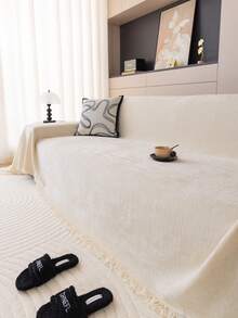 1pc Polyester Chenille Solid Color Classic Sofa Cover Blanket, Pet-Friendly, Anti-Scratch, Non-Slip Sofa Protector, Machine Washable, For Bedroom, Office And Home Decor, All Season Sofa Pad - Beige - View 5